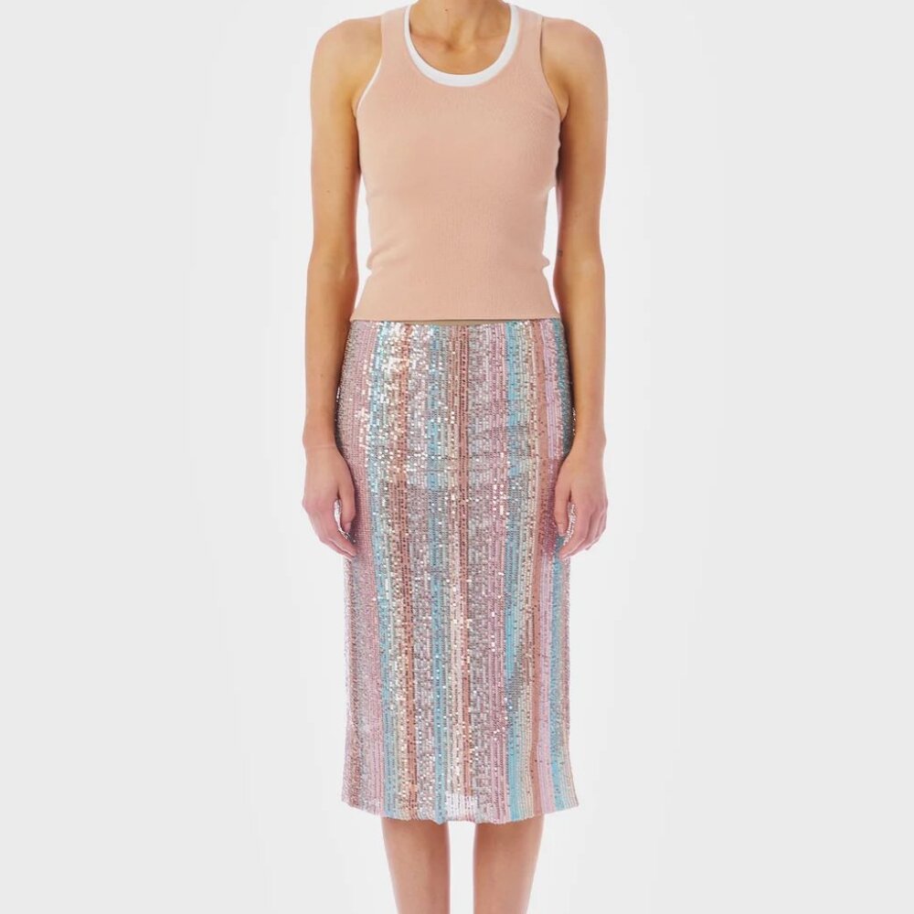 LE SUPERBE Liza Beach Stripe Stretch Sequin Pencil Skirt Womens XS Pull On - Picture 7 of 10